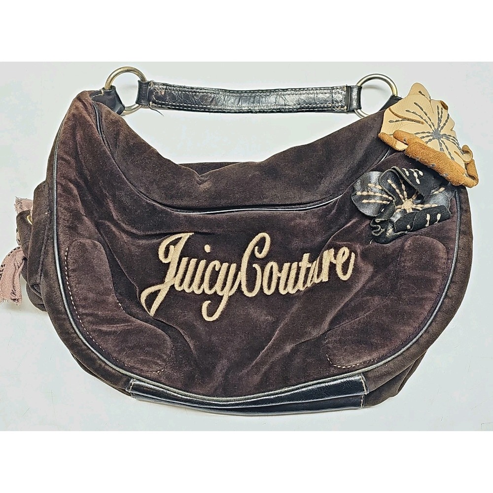 Juicy Couture | Vintage Y2K Small Espresso Brown Flowers Hobo Velour Handbag
